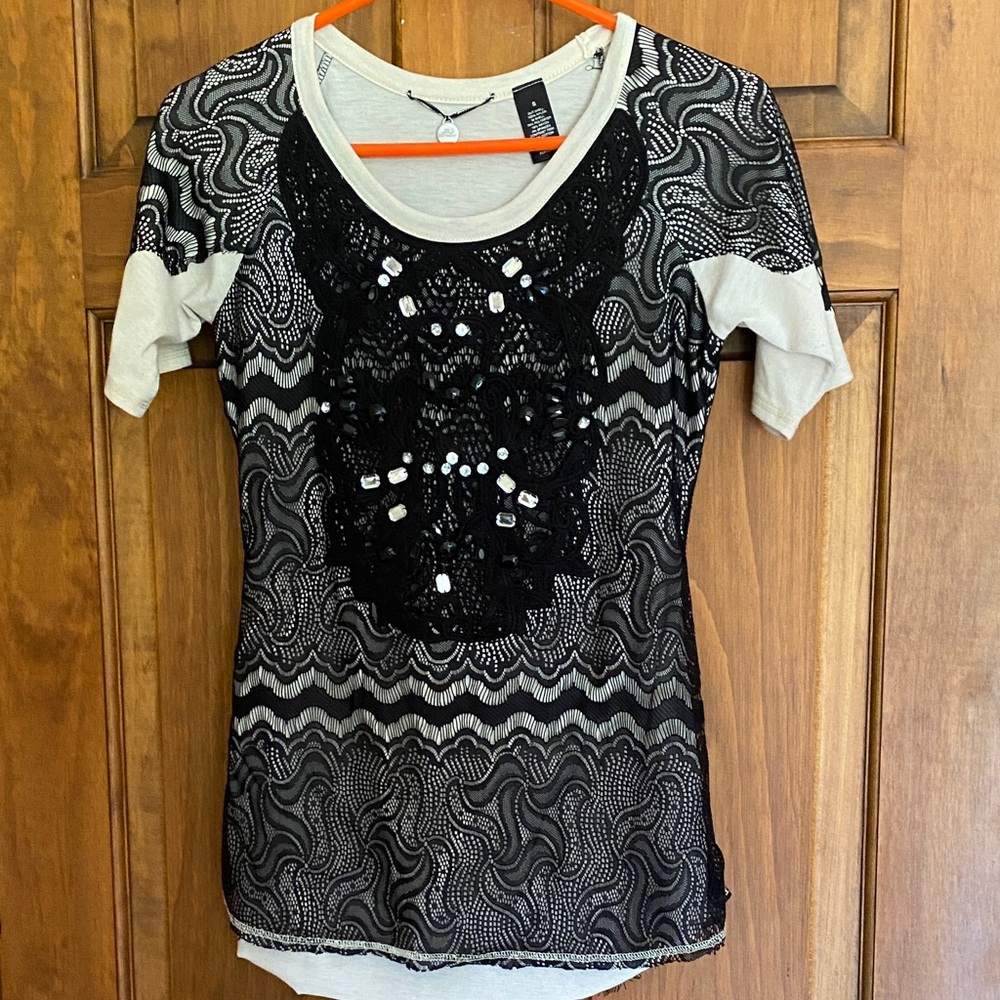 BKE Shirt, Elegant Black and White Lace Women's Top